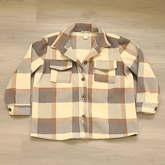 Cotton Emporium Plaid gray Cream Shacket Shirt Wool small Cabincore Granola Girl - Picture 2 of 8